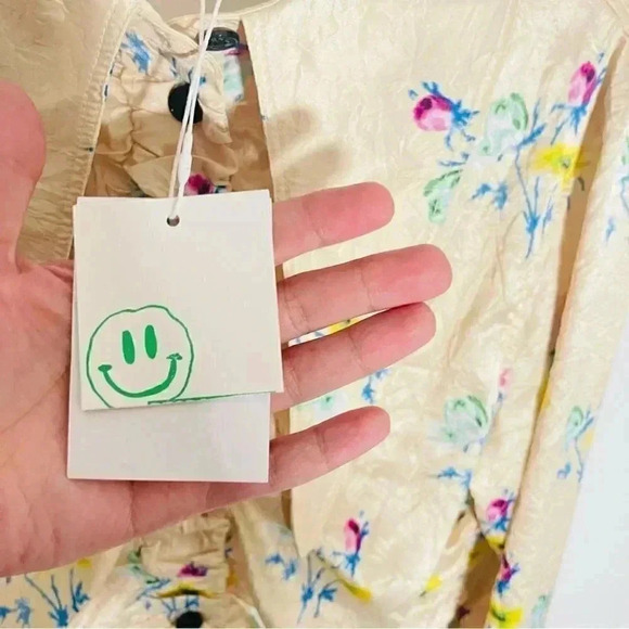 NWT GANNI Yellow Floral Satin Blouse Ruched Crinkled Button Front Top - Picture 11 of 11